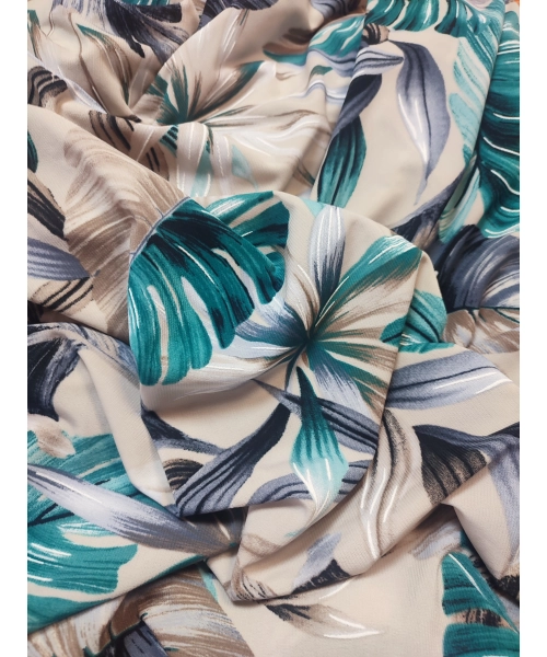 Elastyczny beżowy Jersey - zielone i szare liście paproci